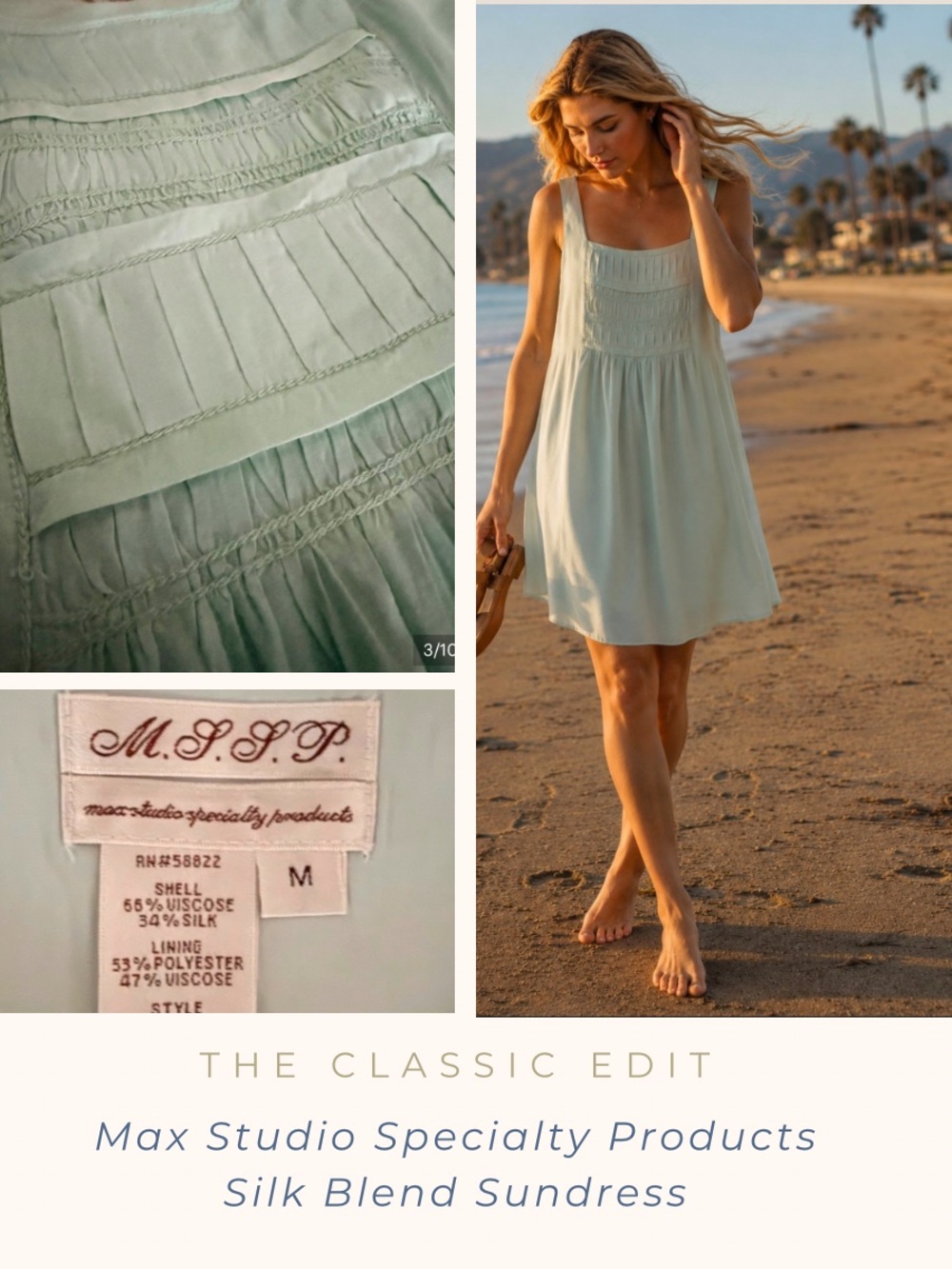 MSSP Max Studio | Silk Blend Sea Foam Green Sundress | Pin Tuck Bodice
